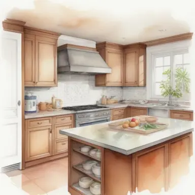 (an architectural watercolor illustration 1.5) of a residential interior project of an island layout kitchen, asian decor design