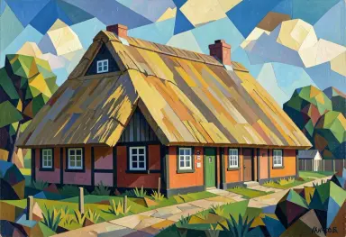 a danish thatched farm cubist painting
