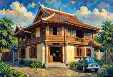 a peranakan house on opening day expressionist painting