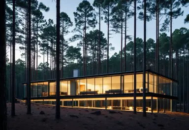architectural photograph of a modern glass house in a pine forest at dusk warm interior light award winning