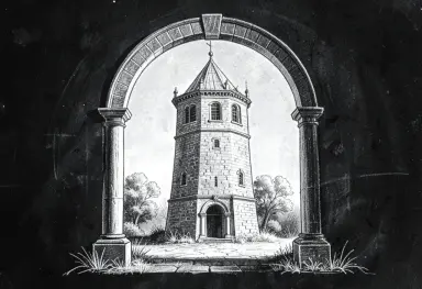 a folly tower framed by an arch chalk drawing