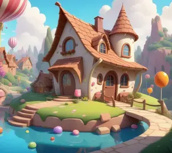 cute crooked little round village candy chocolate home by joey chou, gaudi, fine details, 4k resolu