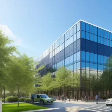 A perspective view depicts a six story modern office building. The exterior of the building is covered with glass curtain walls,