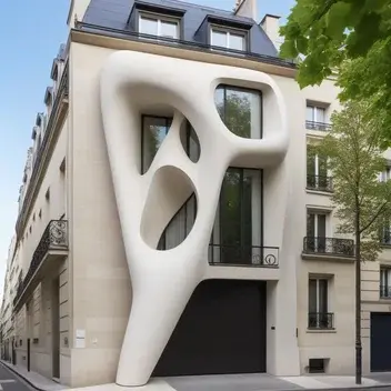 modern house in paris with a sculpture of tadashi kawamata on the outside facade