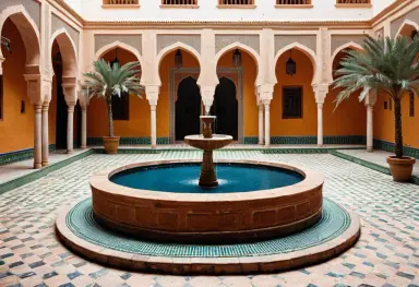a moroccan courtyard with a fountain photograph
