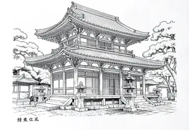 ink drawing of a japanese temple