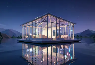 low poly 3d render of a floating glass pavilion on a lake at night reflections pastel lights