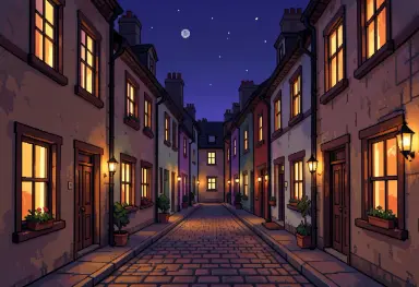 pixel art of a cozy street of narrow old houses at night lit windows 16 bit style