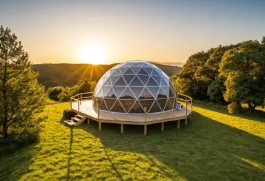 a glamping dome at golden hour photograph