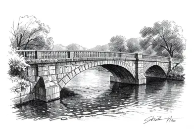 charcoal drawing of a stone bridge