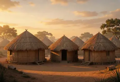 a round hut village at golden hour matte painting