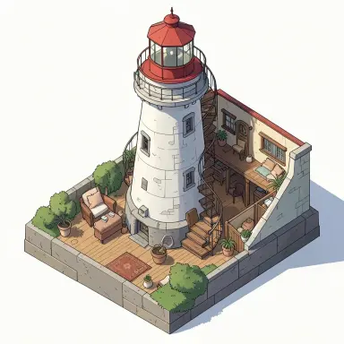 isometric cutaway illustration of a lighthouse with the keeper s rooms visible spiral staircase cozy details