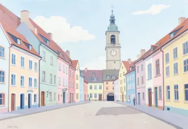 gouache painting of pastel houses on a european town square with a clock tower flat shapes