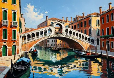 oil painting of a venetian bridge over a canal on a bright morning gondolas loose brushwork warm colours