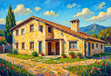 a basque farmhouse very wide fauvist painting
