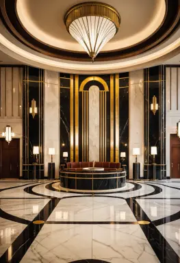 cinematic photograph of an art deco skyscraper lobby brass details marble floor warm lamps