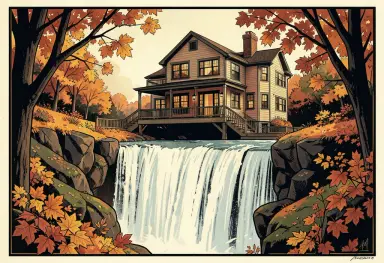 a house over a waterfall in autumn leaves art deco illustration