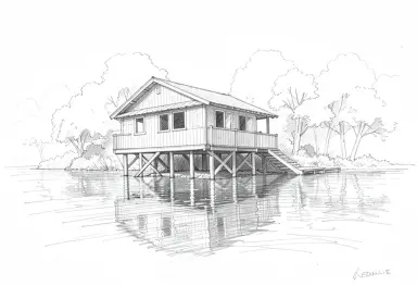 pencil architectural sketch of a wooden cabin on stilts above a lake perspective lines light shading