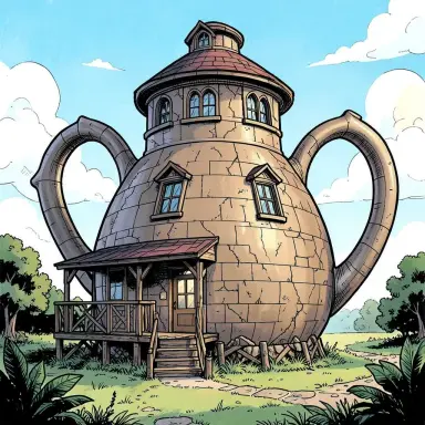 a giant teapot house comic style