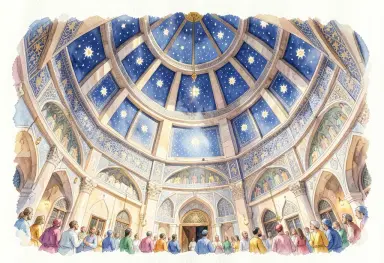 a hammam dome with star skylights during a festival watercolor
