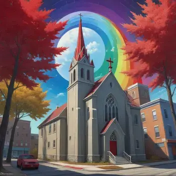 painting of a city with a church and a red maple leaf, inspired by a. j. casson, by a. j. casson, inspired by clément serveau, i