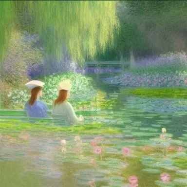 2 women seated in monet garden overlooking a lake with mountain background, diffuse lighting, fantasy, intricate elegant highl