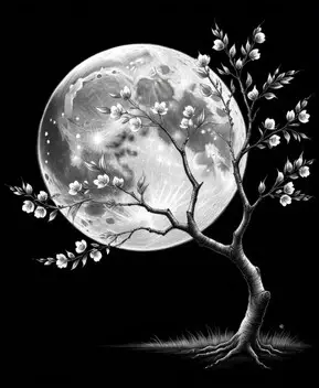 create a pencil sketch of a single cherry tree and the moon on a black background., fine details, 4k r