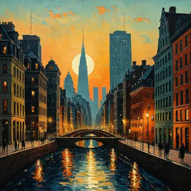 a city collage tonalist painting