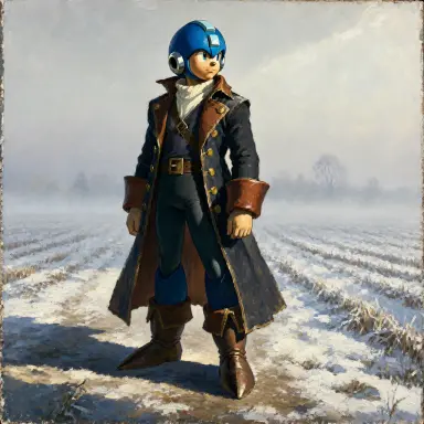a post impressionist painting of mega man keeping watch in a pirate coat in morning fog full body further