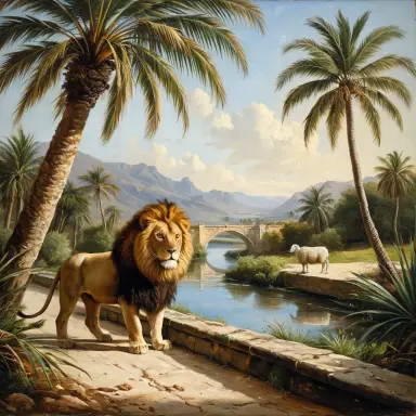 oil painting of a lion and a lamb under a palm seen from a bridge