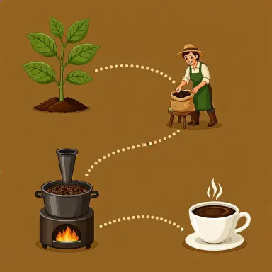 an infographic style illustration of a coffee bean s journey a plant harvesting roasting and a cup connected