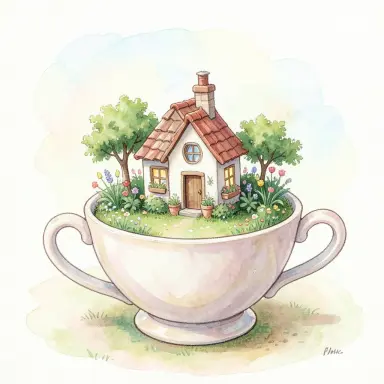 tiny cottage inside a teacup with a miniature garden whimsical watercolor illustration
