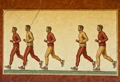 a fresco style painting of modern joggers running along the painted wall of an ancient villa their tracksuits