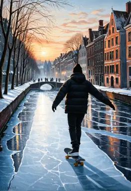 a skater on a frozen canal luminist painting
