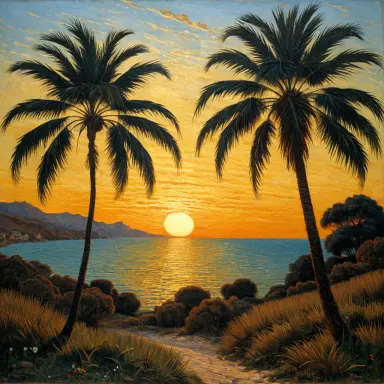a palm sunset pre raphaelite painting in the style of giovanni segantini