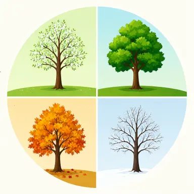 an infographic style illustration of the four seasons in a circle each quarter showing a tree in spring