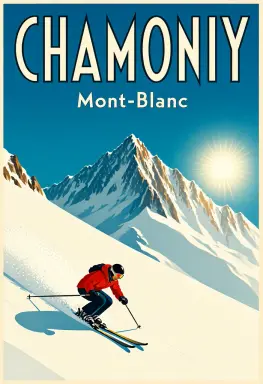 a ski resort poster in a 1930s art deco travel style the headline chamonix at the top in tall geometric