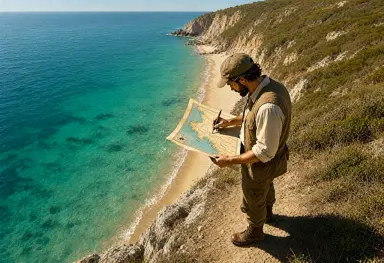 a digital painting of a cartographer drawing a map while standing on the real coastline that the map shows