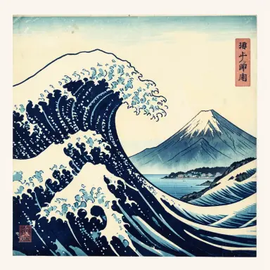 ukiyo e woodblock print of a great wave with a mountain in the background indigo and cream