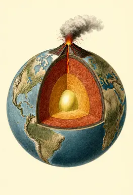 a vintage scientific illustration of a cross section of the earth showing its layers and a volcano erupting