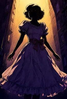 willy wonka in a columbine dress rendered as a ligne claire golden hour light from above with hard shadows