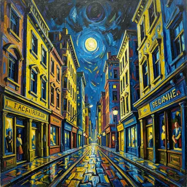 expressionist painting of a city street at night distorted buildings intense yellow and blue