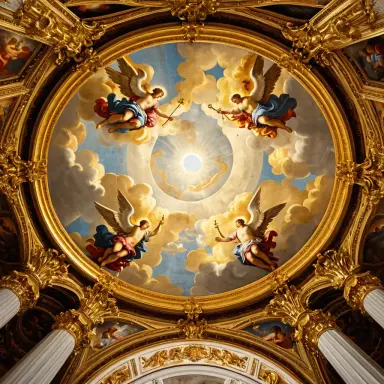 baroque ceiling fresco of angels among golden clouds dramatic foreshortening cinematic lighting sharp focus