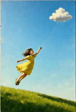 an oil painting of a girl in a yellow dress flying a kite that is a small cumulus cloud on a string over a
