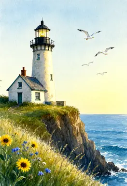 a watercolour illustration of a lighthouse keeper s cottage on a cliff seagulls in the sky and wildflowers in