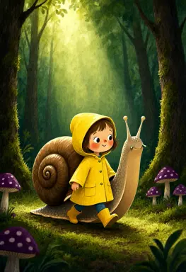 a children s book illustration of a little girl in a yellow raincoat walking a giant friendly snail through a