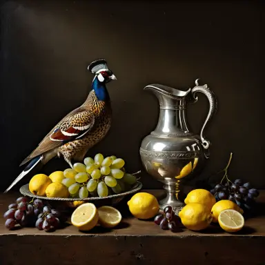dutch golden age still life with a silver jug lemons grapes and a pheasant dramatic chiaroscuro