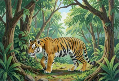 naive painting of a jungle with a tiger