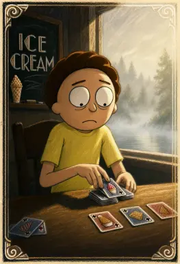 morty smith winning a card game in the 1980s rendered as a pastel drawing further back a foggy lake the scene