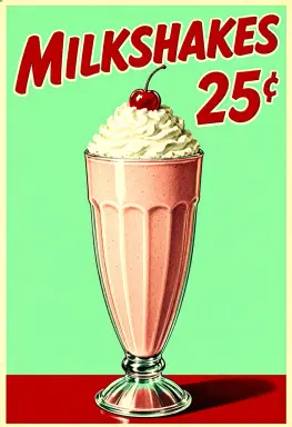 a retro 1950s diner advertisement poster the headline milkshakes 25 in red script lettering at the top a tall